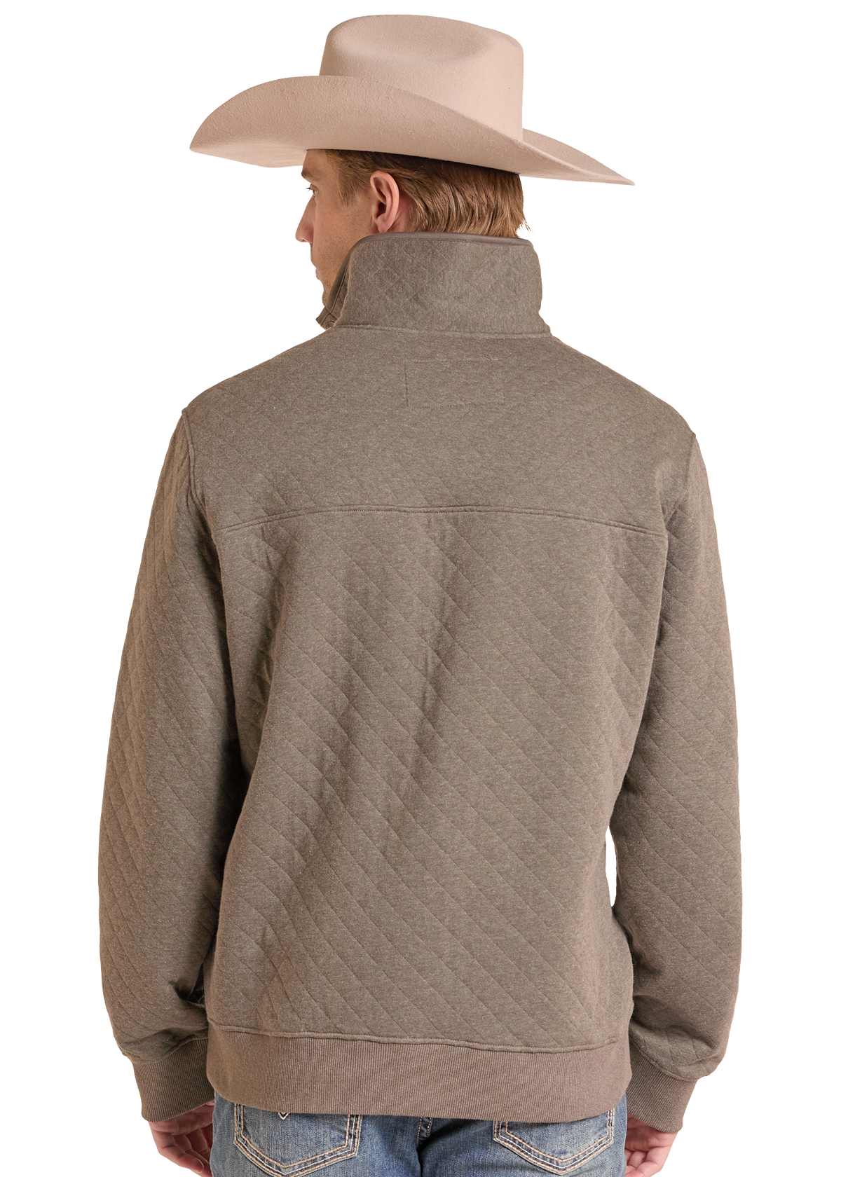 A man shown from the back wearing a taupe quilted quarter-zip pullover sweater and a light beige cowboy hat, paired with blue jeans.