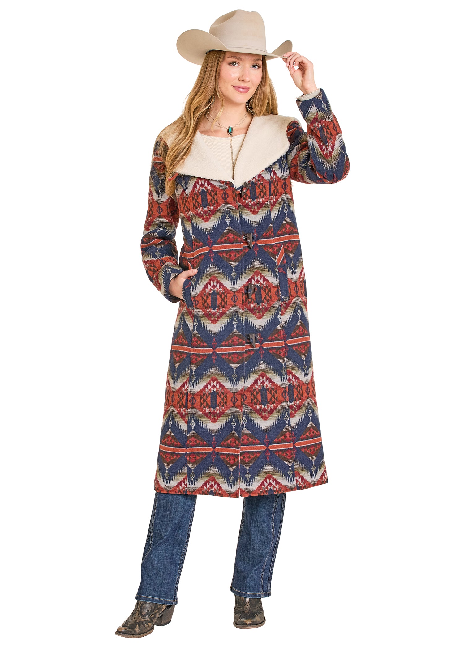 Women's Aztec Jacquard Sherpa Lined Long Hooded Coat XXL