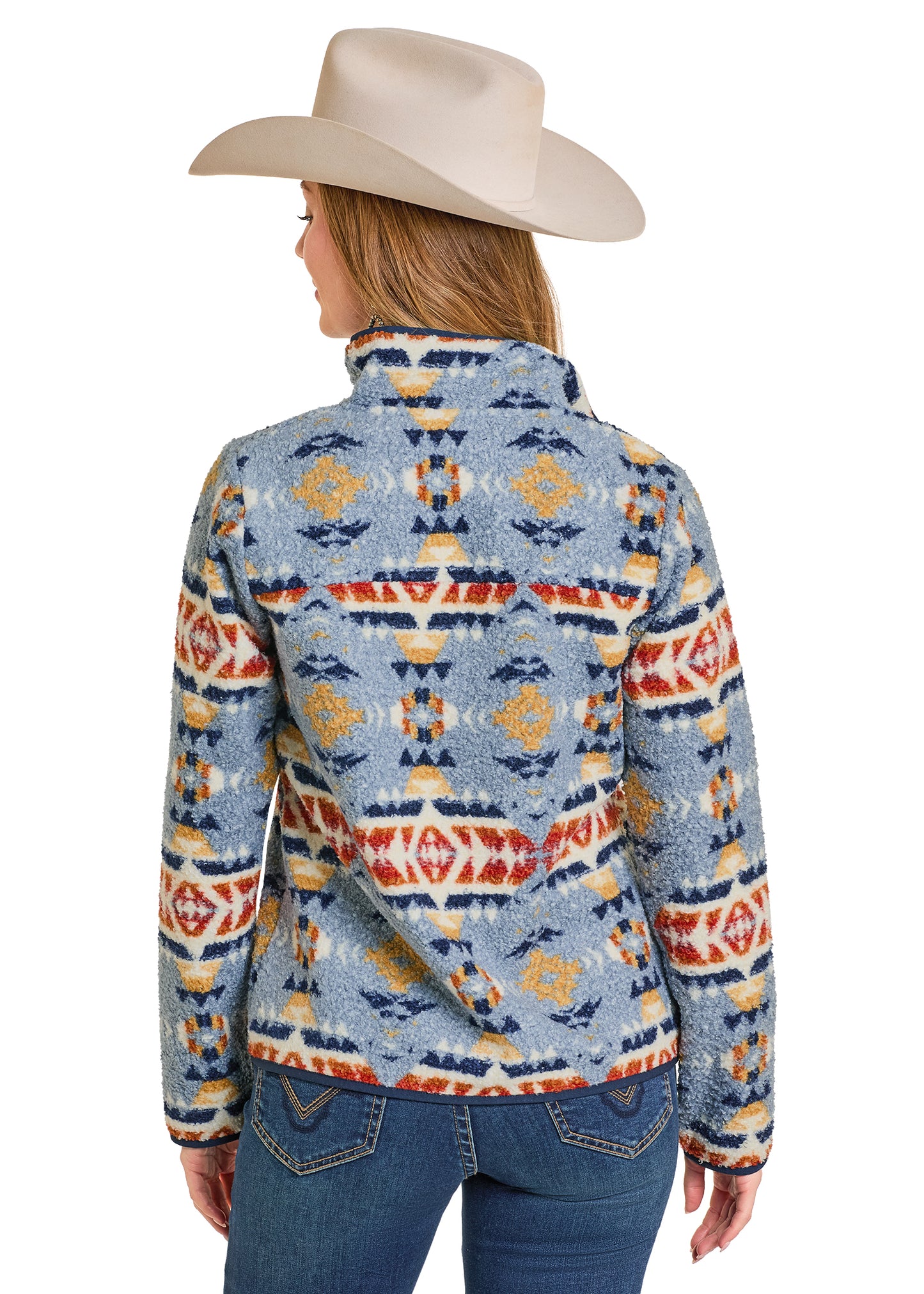 Person wearing a patterned jacket and cowboy hat on a white background