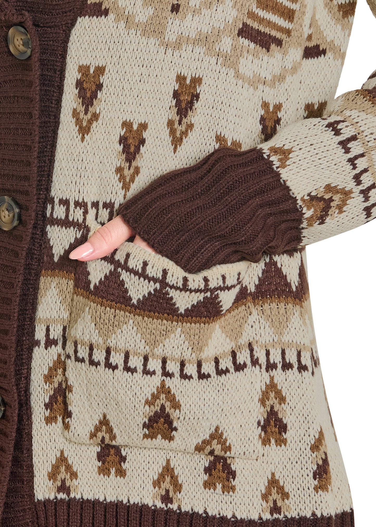 Close-up of a patterned sweater with brown and beige colors