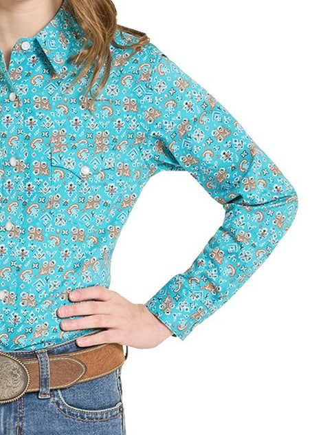 Child wearing a turquoise patterned shirt, blue jeans, and a beige cowboy hat on a white background