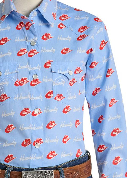 Light blue shirt with red and white pattern on a mannequin with jeans and belt.