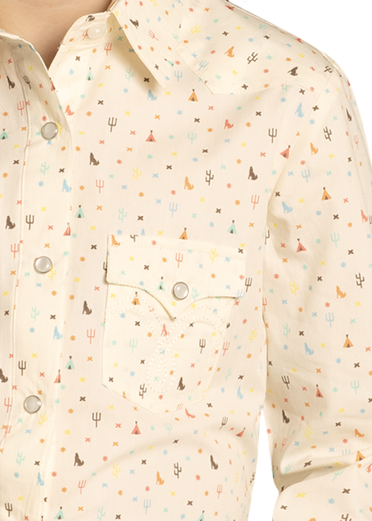 Young girl wearing a cowboy hat, patterned shirt, and jeans on a white background