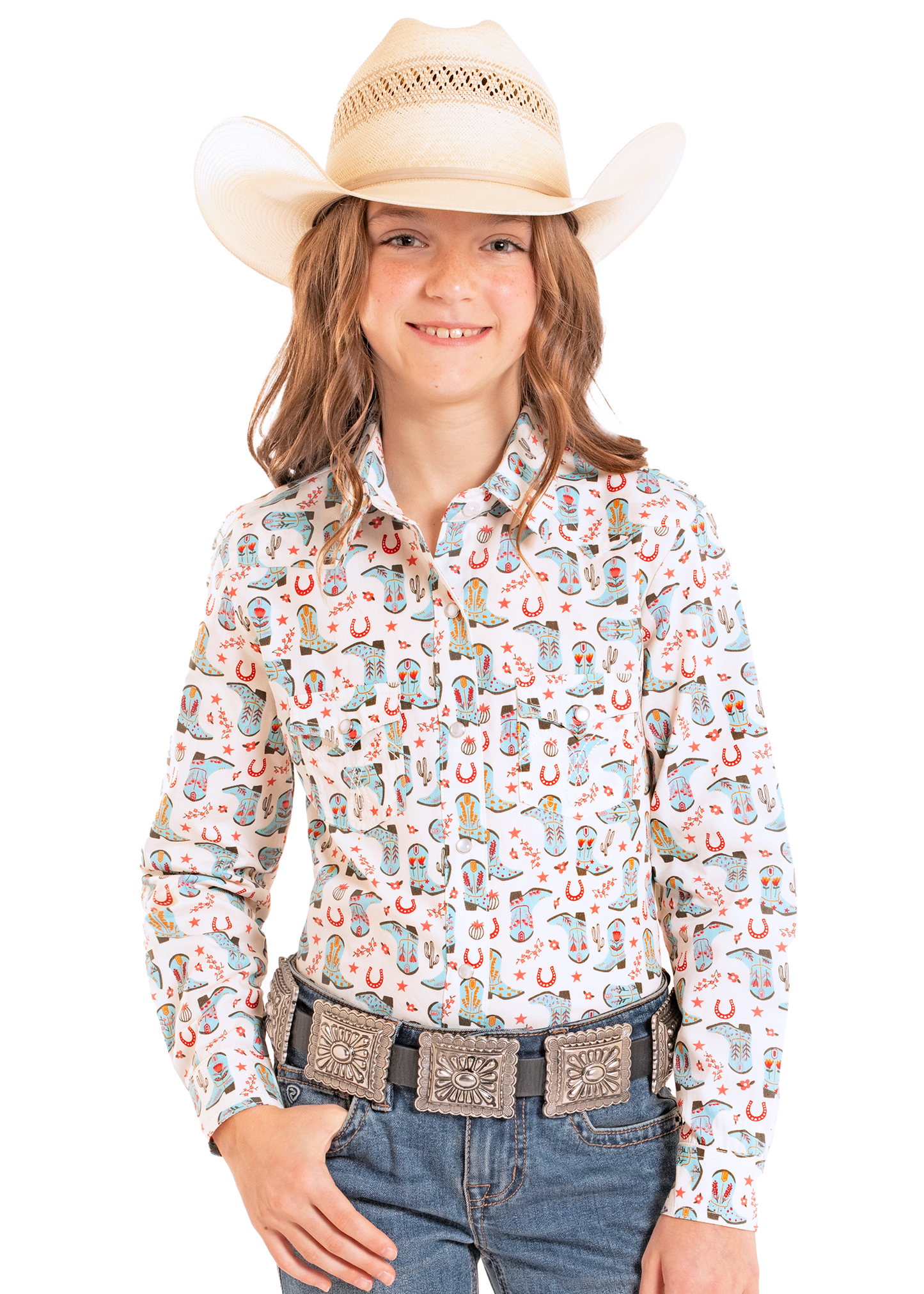 Child wearing a patterned shirt, jeans, and a cowboy hat on a white background