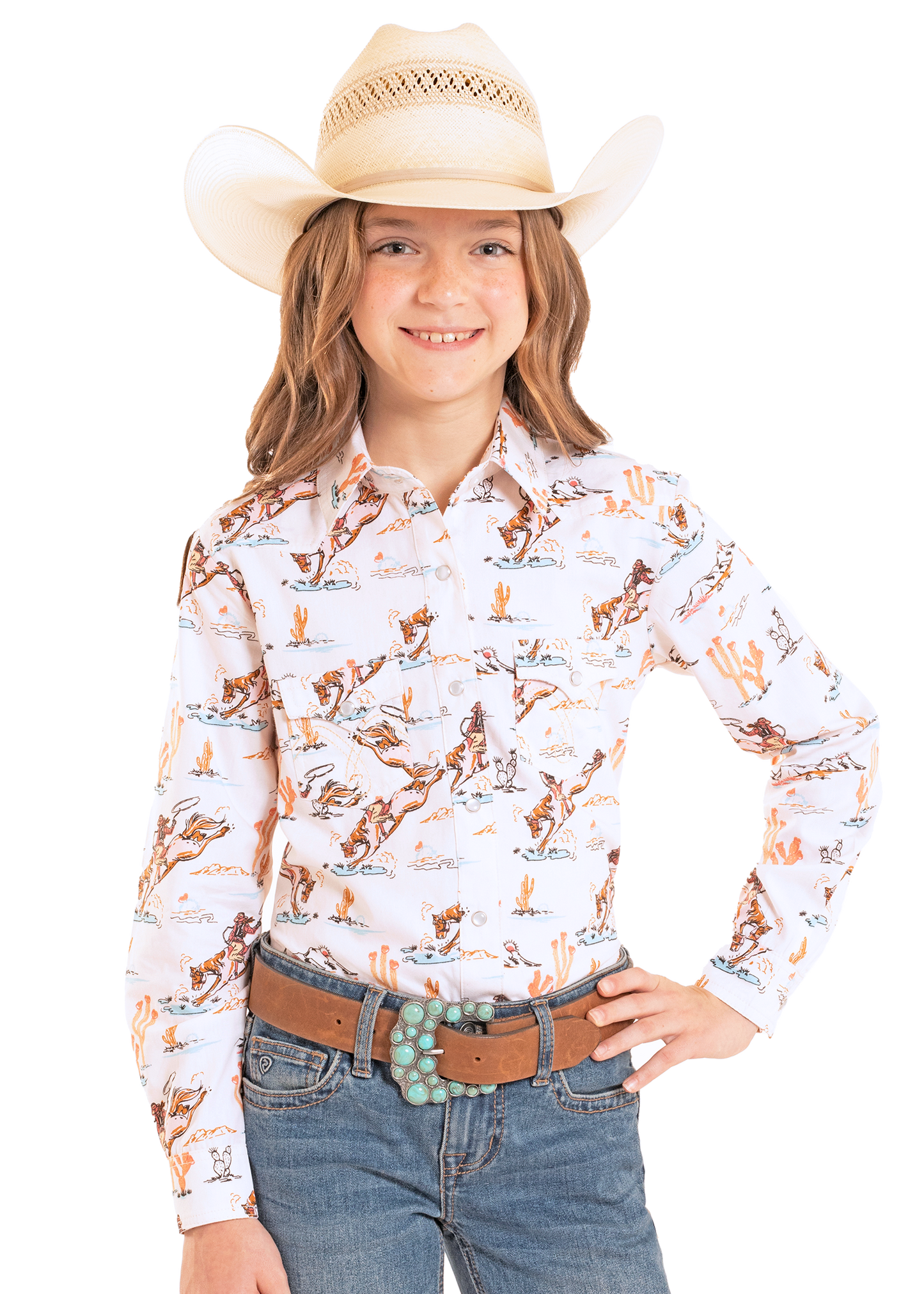 Girl wearing a western print shirt with a cowboy hat.