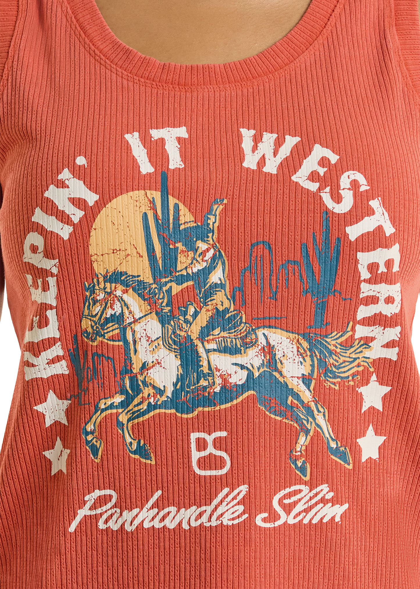 Rust tank top with a graphic of a cowboy on a horse and text 'Keepin' It Western' and 'Panhandle Slim'.