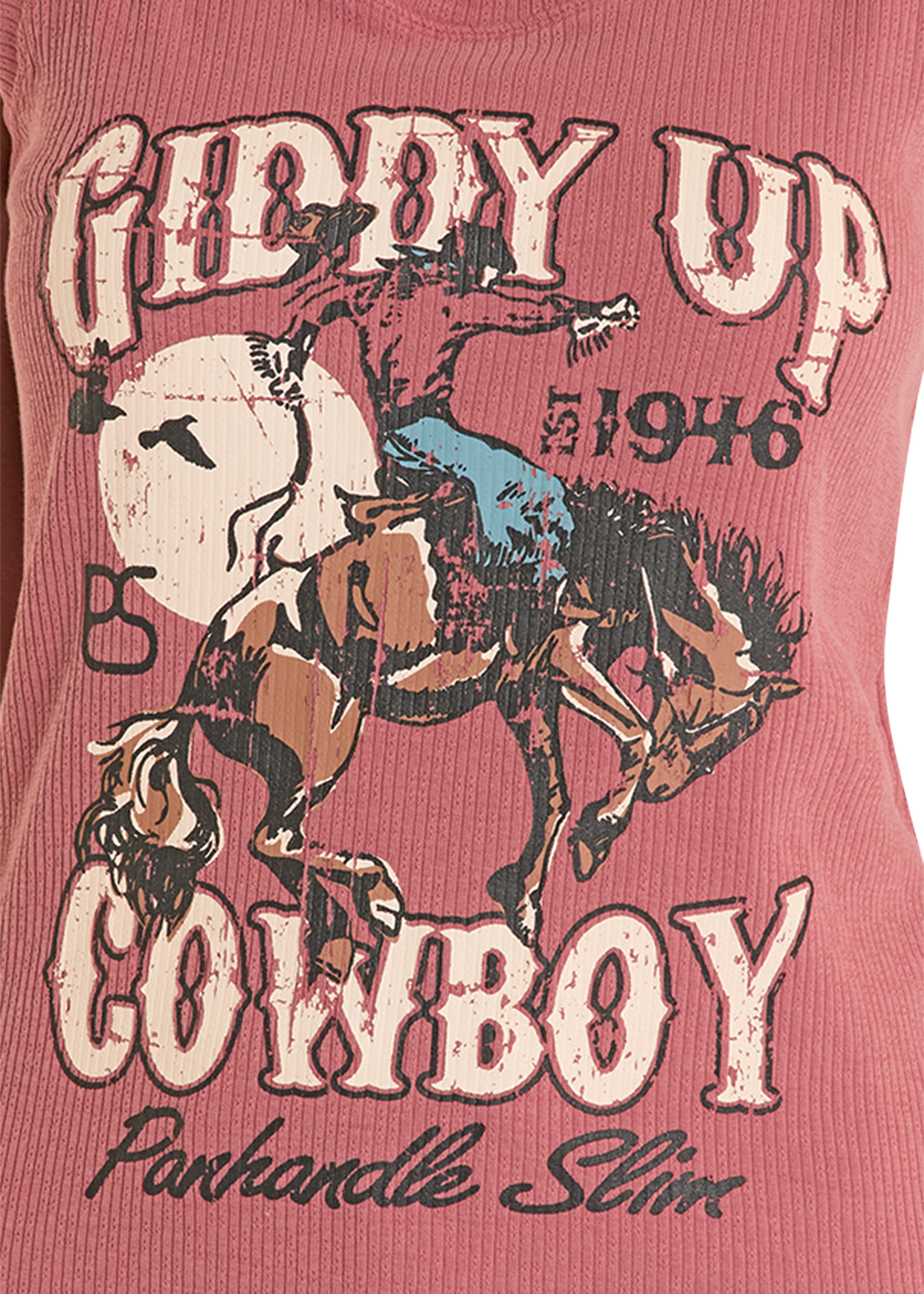 Vintage-style graphic with 'Getdy Up Cowboy' text and horse illustration on a red background.