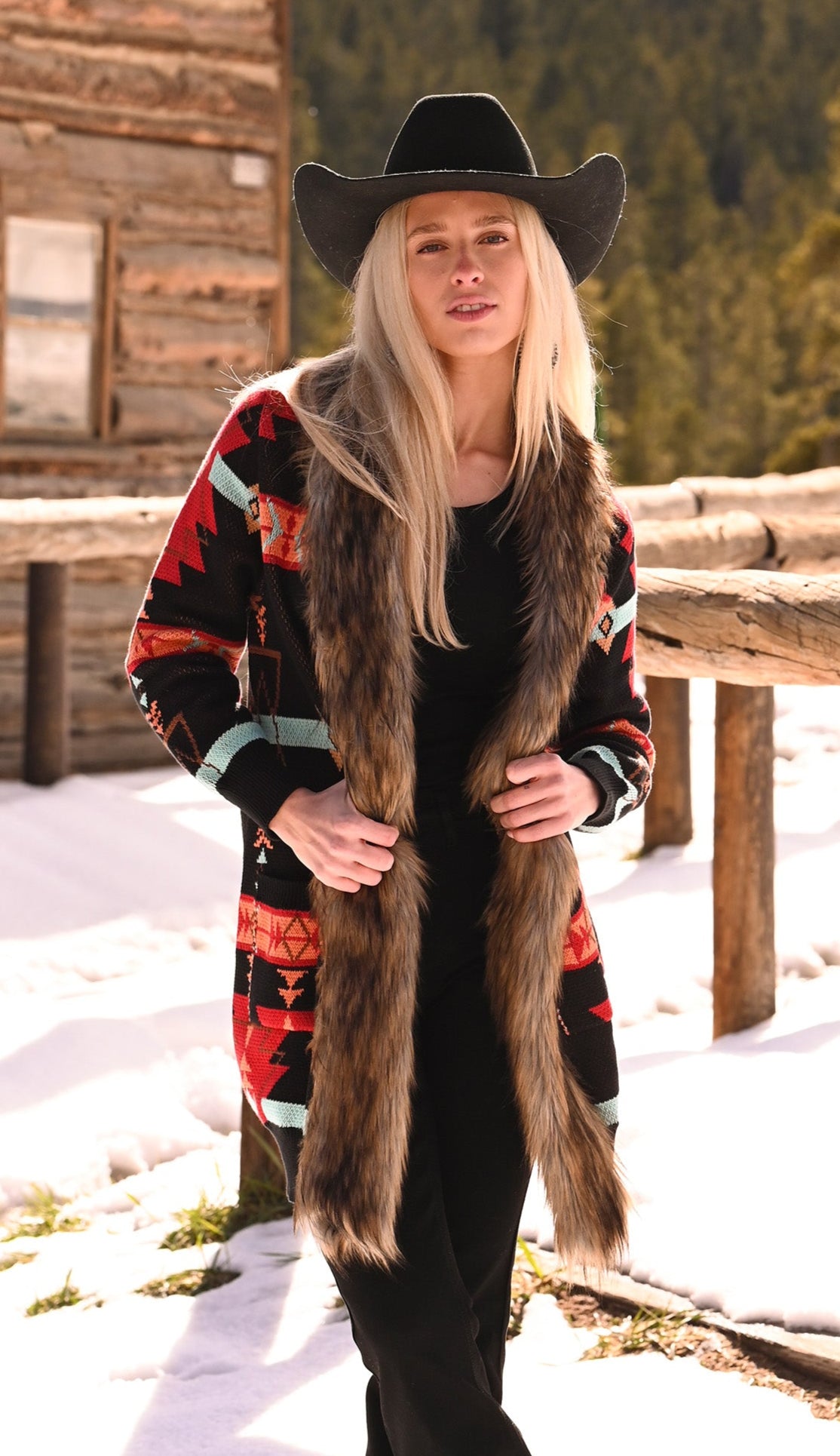 Women's Black Southwest Fur Trim Cardigan | Panhandle Slim