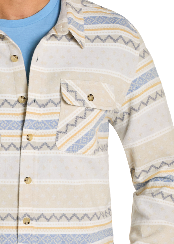 Man wearing a patterned shirt and cowboy hat on a white background