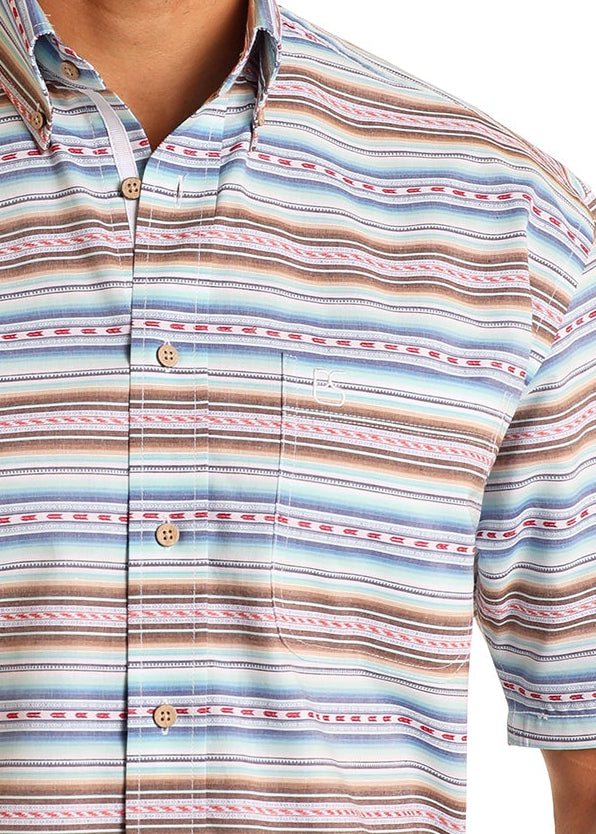 Man wearing a striped shirt and cowboy hat on a white background