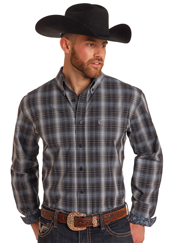 Men's Long Sleeve Americana Blue Plaid Snap-Front Shirt