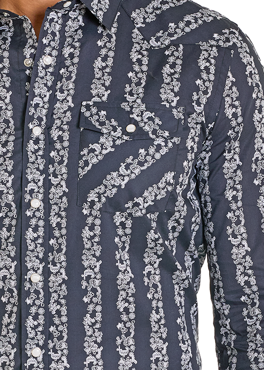 Man wearing a black cowboy hat, patterned shirt, and jeans on a white background
