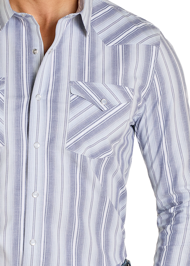 Man wearing a blue and white striped shirt with a brown belt on a white background