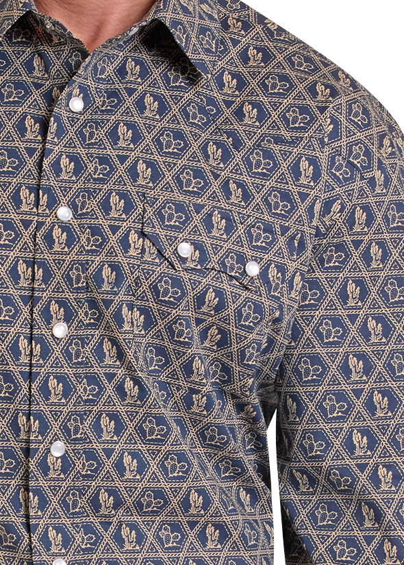 Close up of Man wearing a patterned long-sleeve shirt on a white background