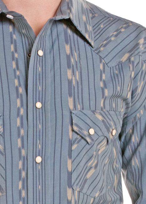 A blue and beige patterned western snap shirt details