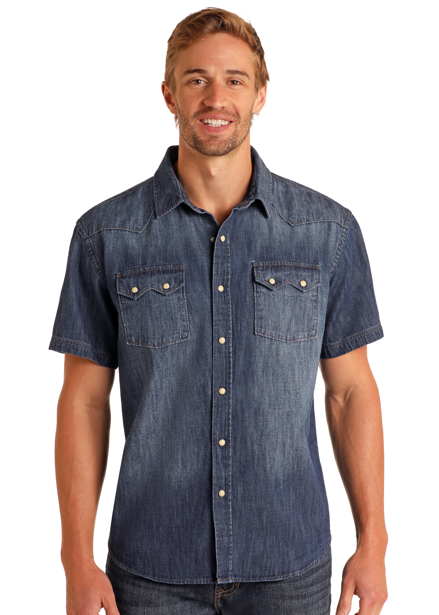 Men's Modern Vintage Denim Short Sleeve Snap Shirt Panhandle Slim