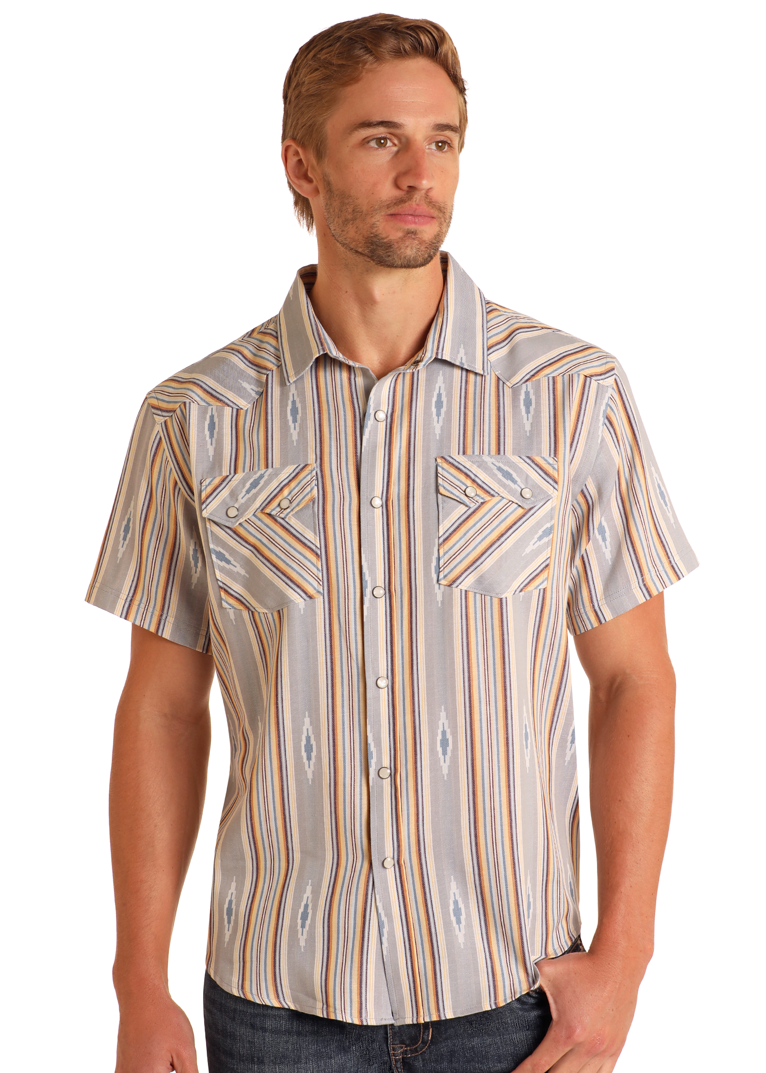 Men's Modern Vintage Vertical Aztec Short Sleeve Snap Shirt