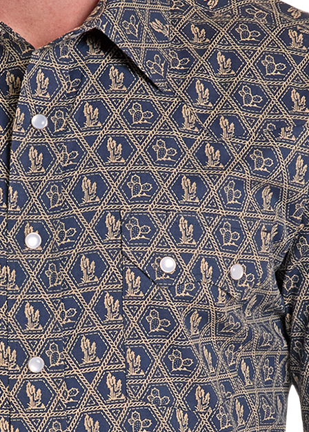 Close up of a Man wearing a patterned short-sleeve shirt on a white background