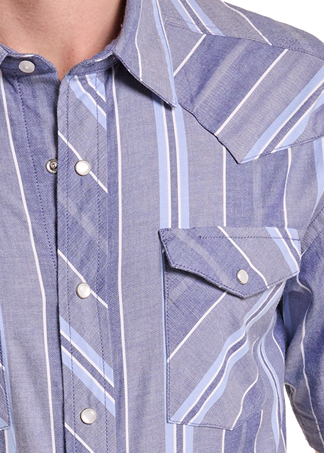 Details of a Men's Western shirt with vertical blue, gray, white stripes, and a chest pocket with pearl snaps.
