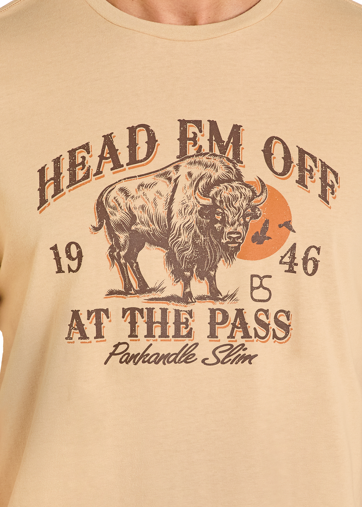 Beige t-shirt with a graphic of a bison and text on a white background