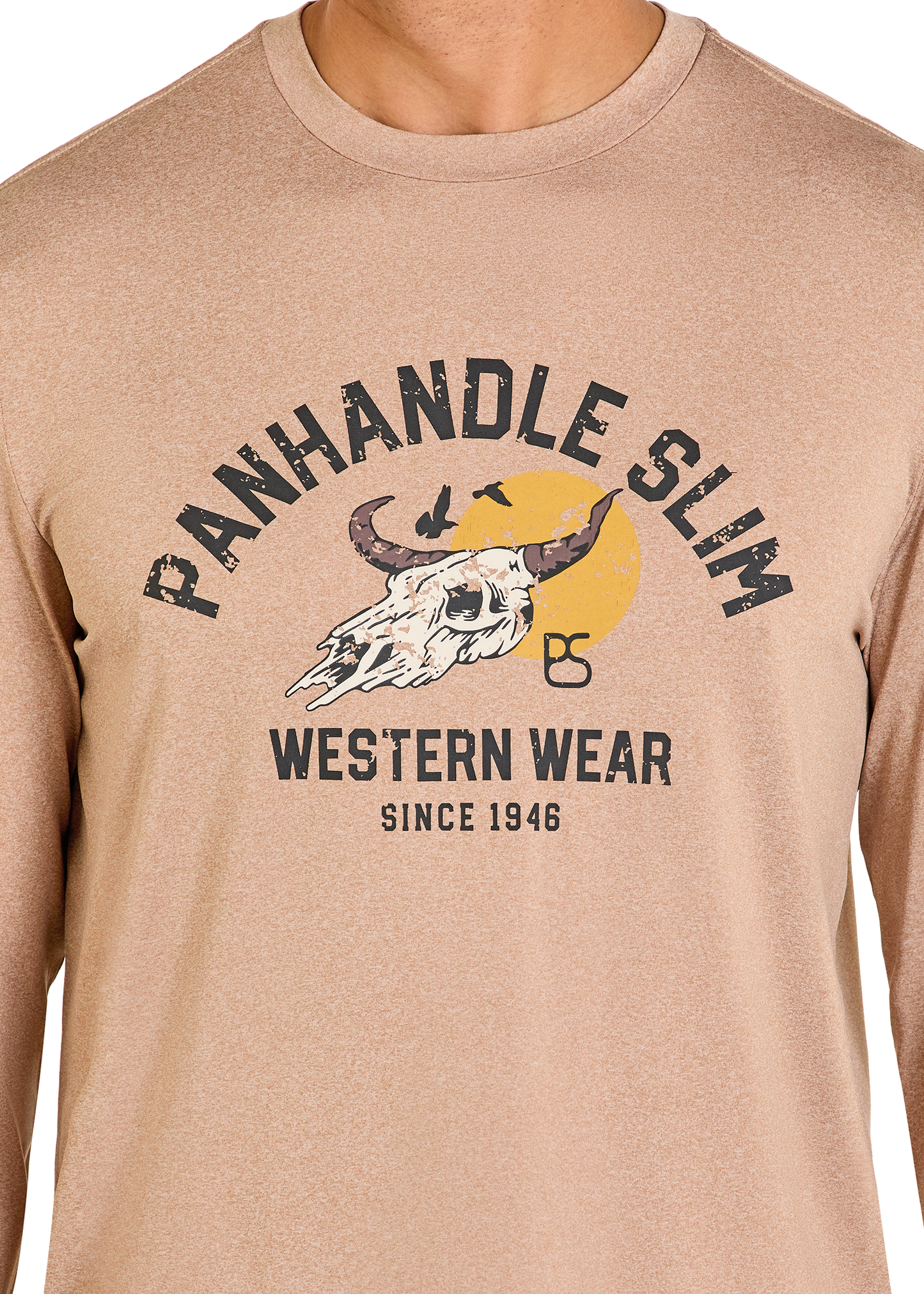 Beige t-shirt with Panhandle Slim logo and text on a person wearing it.