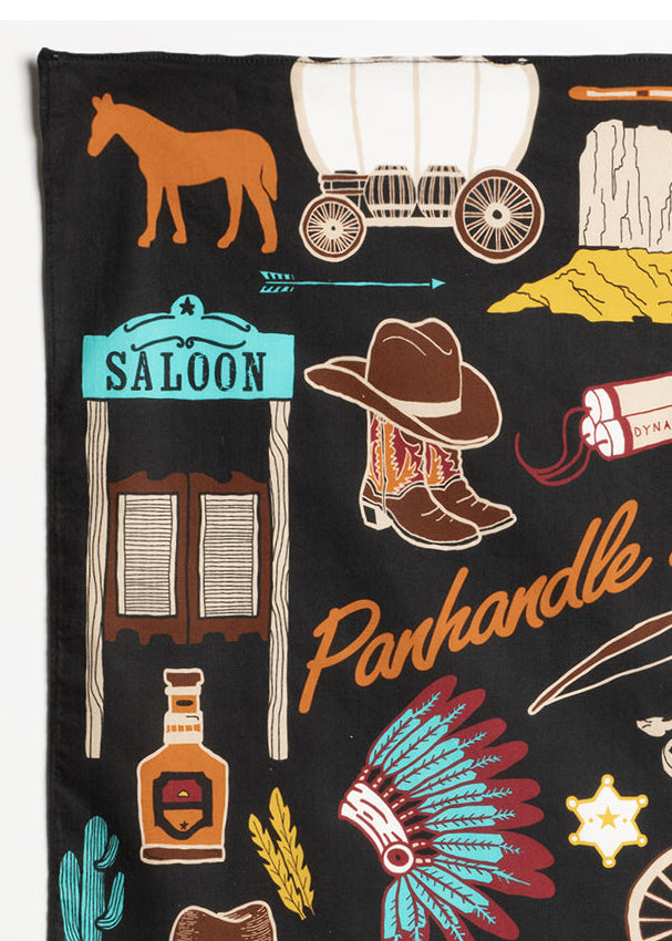 Black scarf with colorful western-themed designs and 'Panhandle Slim' branding.
