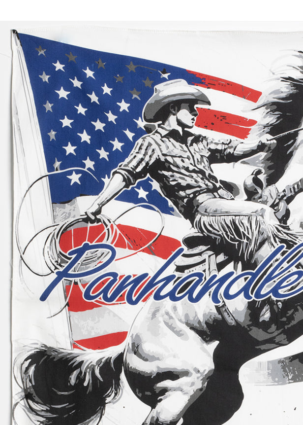 Panhandle Slim logo with a cowboy on a horse and American flag background