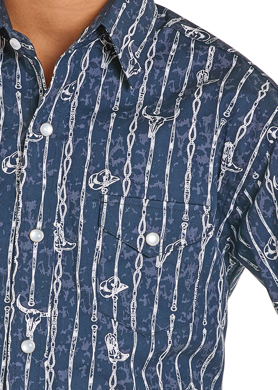 Child wearing a blue patterned shirt and beige cowboy hat on a white background