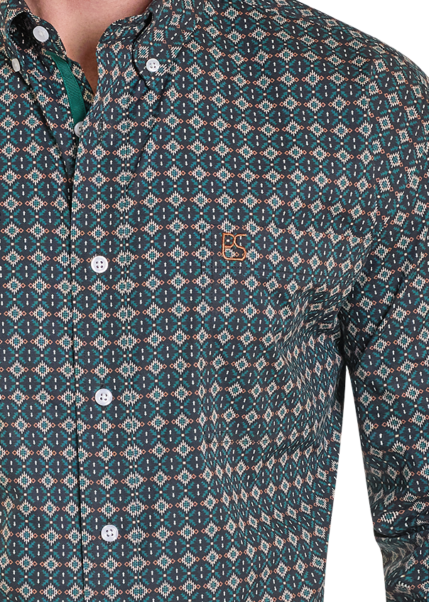 Patterned shirt with a brand logo on a white background