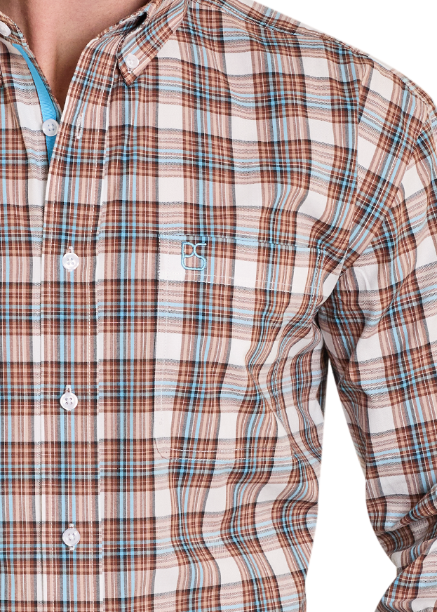 Plaid shirt with brown, white, and blue pattern on a white background