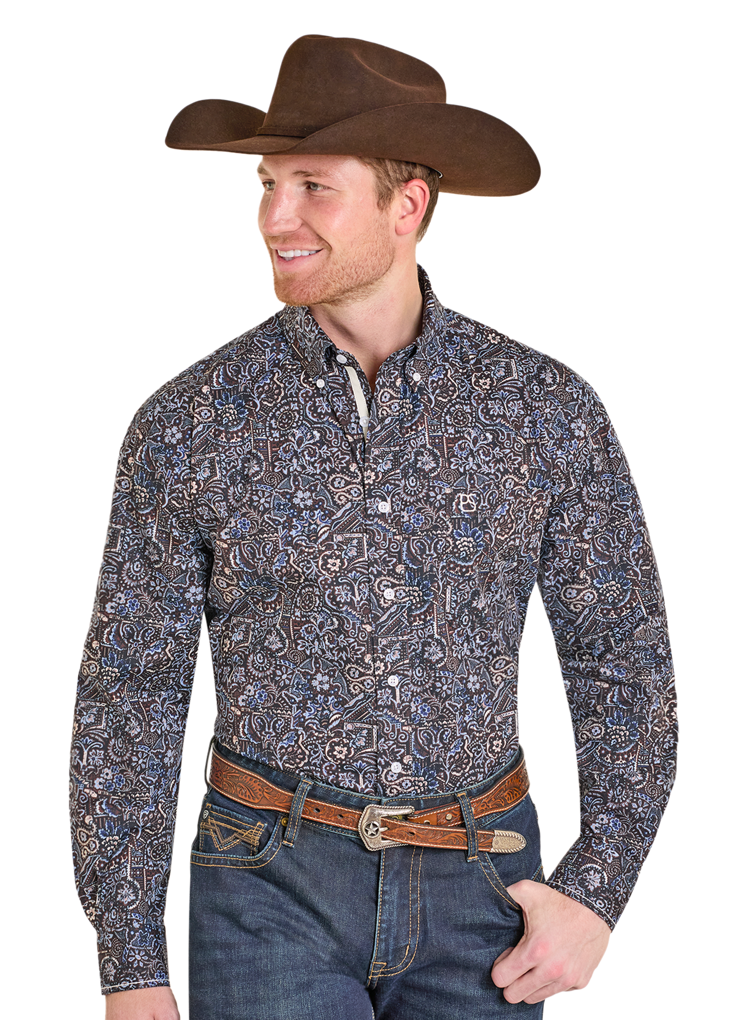 Men's Rough Stock Distressed Floral Long Sleeve Button Shirt M