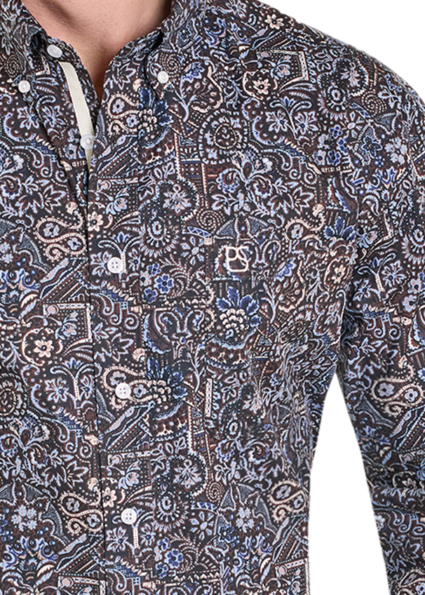 Man wearing a patterned long-sleeve shirt, jeans, and a brown cowboy hat on a white background