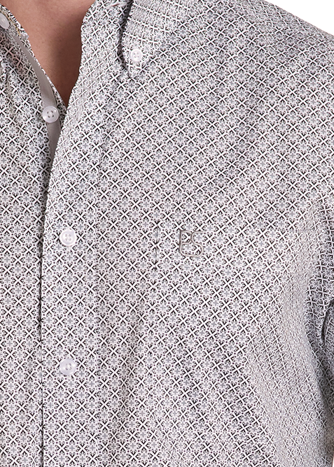 Detail of a light gray and white patterned western button-down shirt.