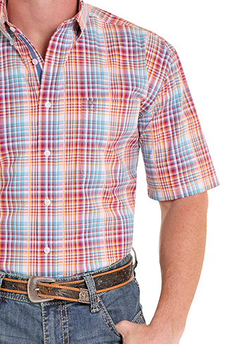 Man wearing a plaid shirt, jeans, and a cowboy hat on a white background