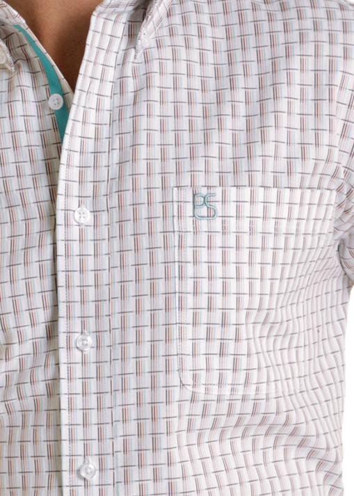 close up of a basket weave button shirt on a white background
