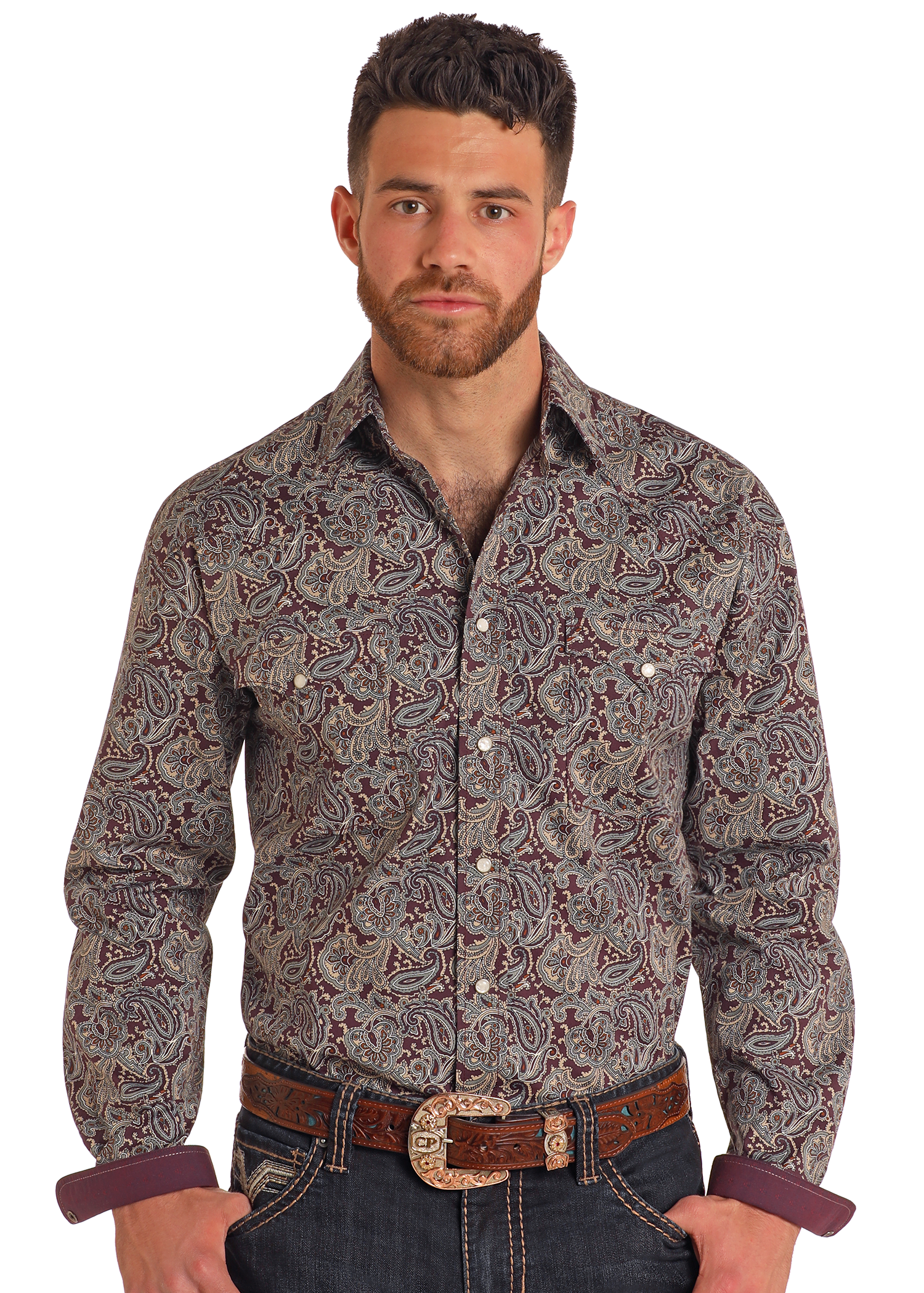 Men's Rough Stock Dark Orchid Paisley Long Sleeve Snap Shirt