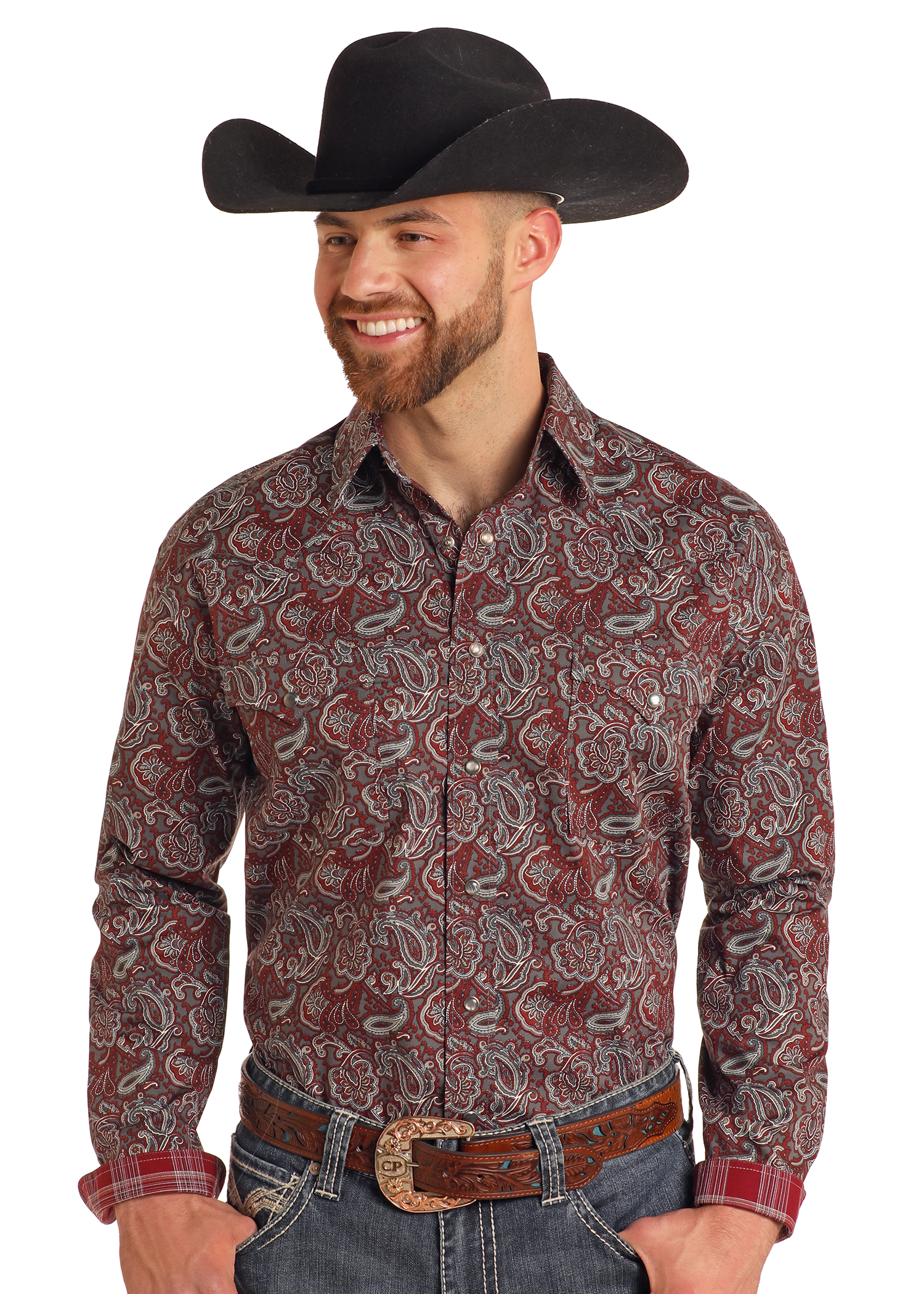 Men's Rough Stock Maroon Paisley Long Sleeve Snap Shirt M Men's Rough Stock Maroon Paisley Long Sleeve Snap Shirt M