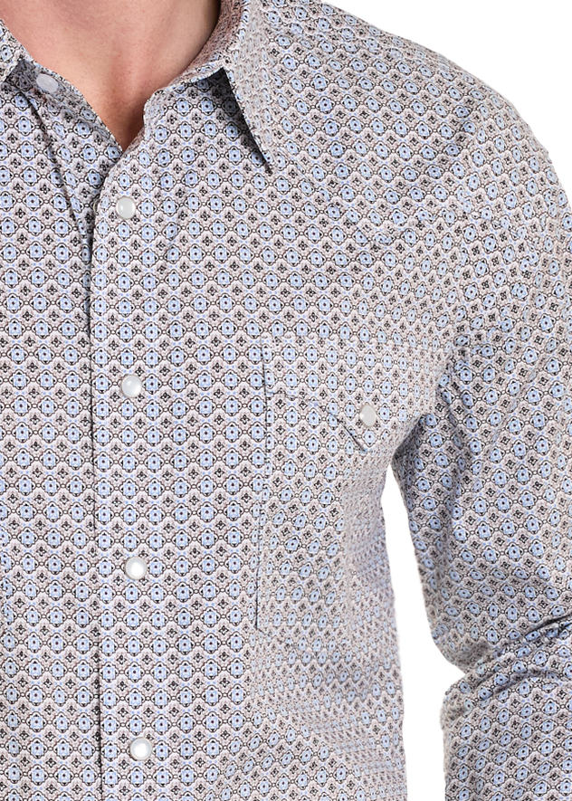 Close-up of a patterned shirt with a neutral background