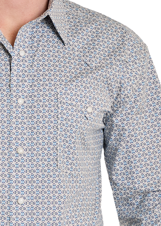 Close-up of a patterned shirt with a geometric design on a white background