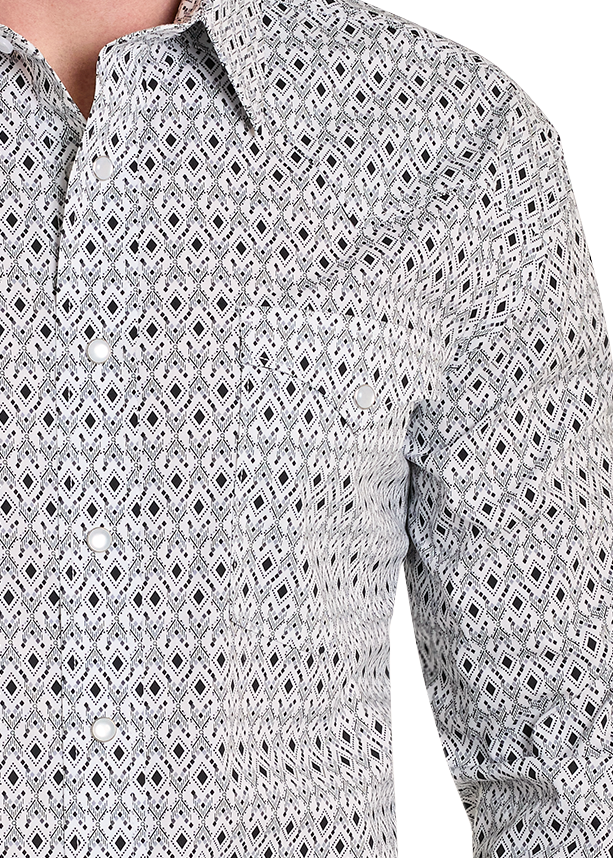 Close-up of a patterned shirt with geometric design