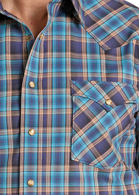 Detail of western plaid button-down shirt in blue, purple, and brown.