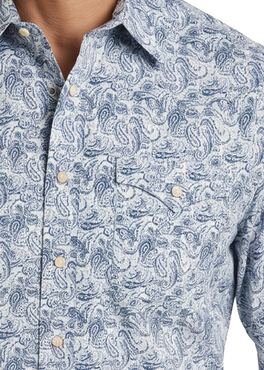 A light blue and white paisley western snap shirt with chest pockets.