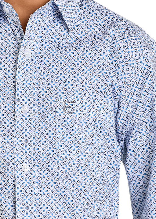 Young boy wearing a blue patterned shirt, jeans, and a beige cowboy hat on a white background