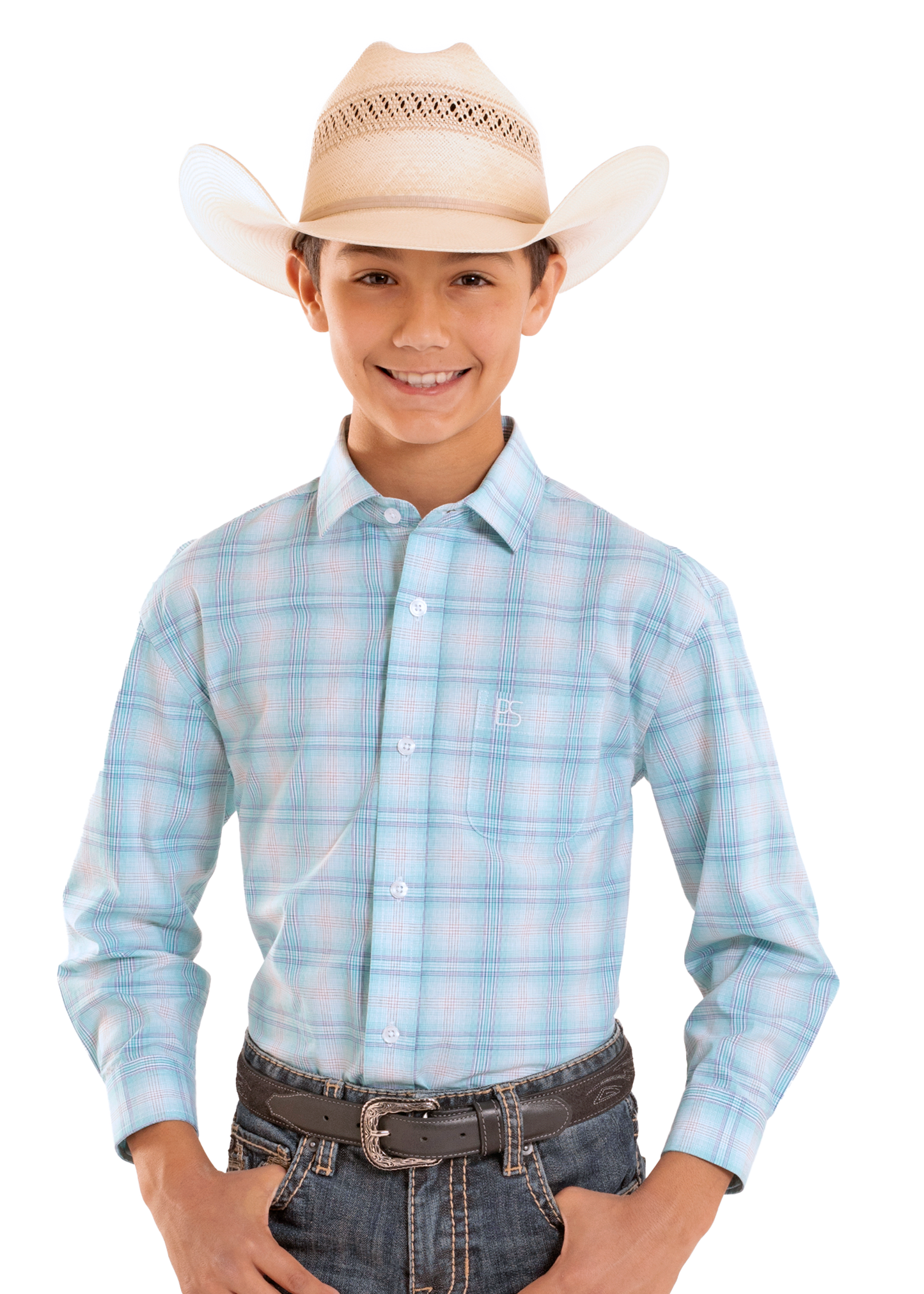 Boy wearing a turquoise plaid button down shirt and a cowboy hat