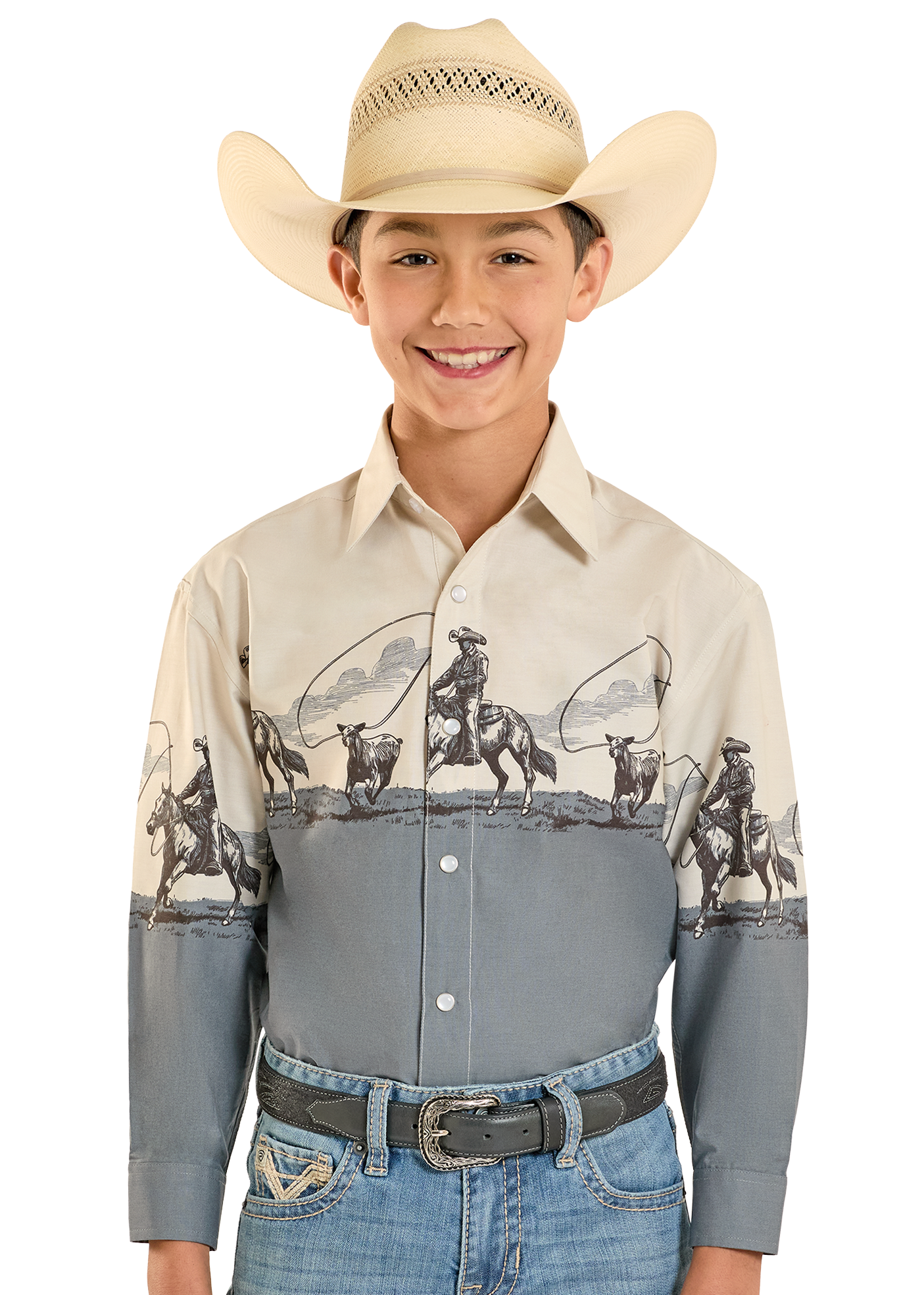 Boy wearing a traditional Western print snap shirt and a cowboy hat
