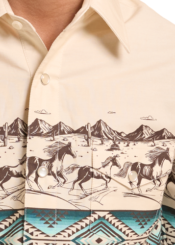 Detail image of western shirt with a horse and Aztec pattern across the chest and upper sleeves.
