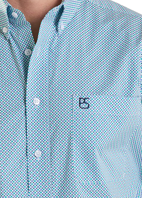 Closeup image of Man wearing a light blue patterned shirt on a white background