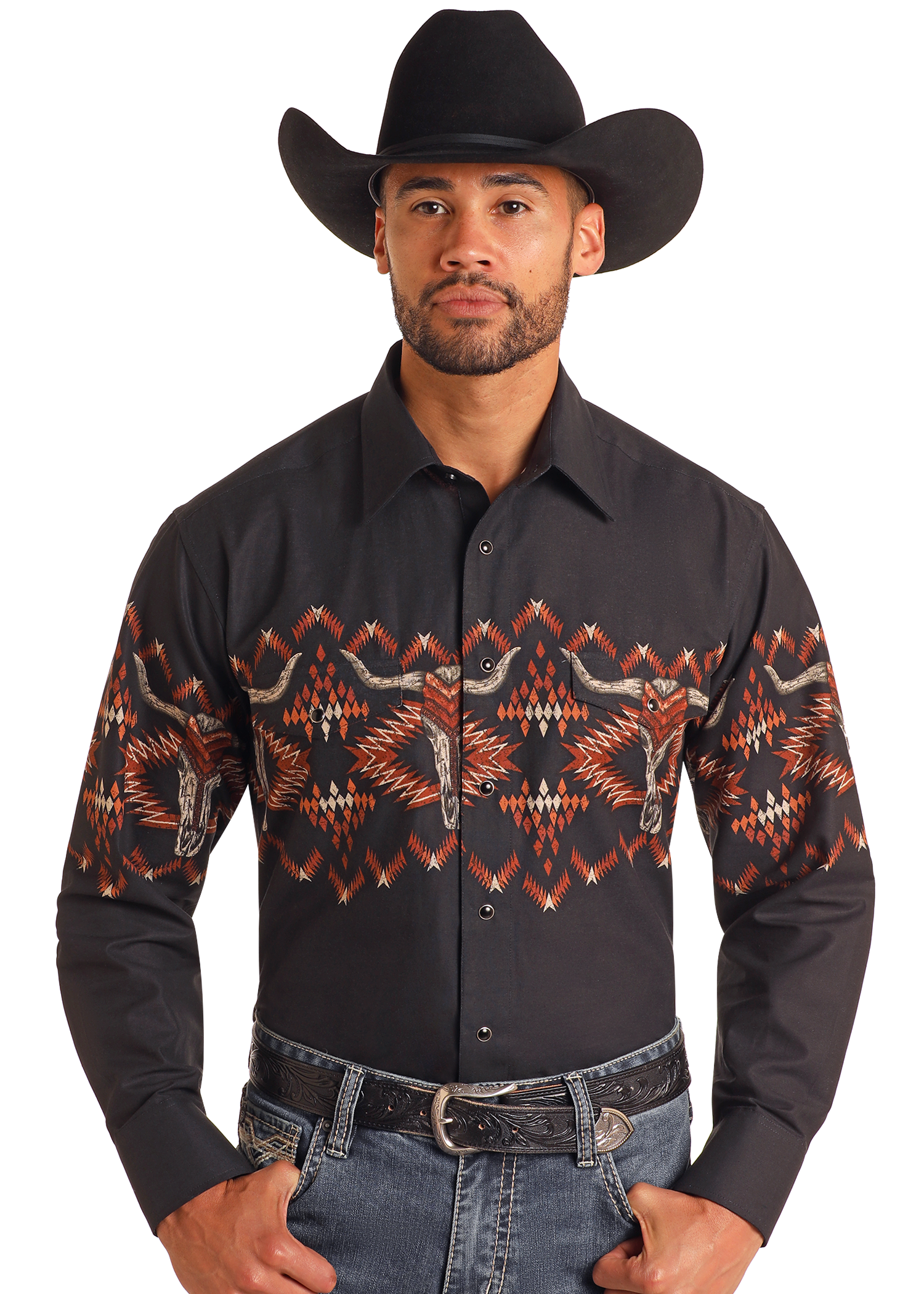 aztec dress shirt Men's Slim Fit Blue Aztec Tapestry Long Sleeve Snap Shirt