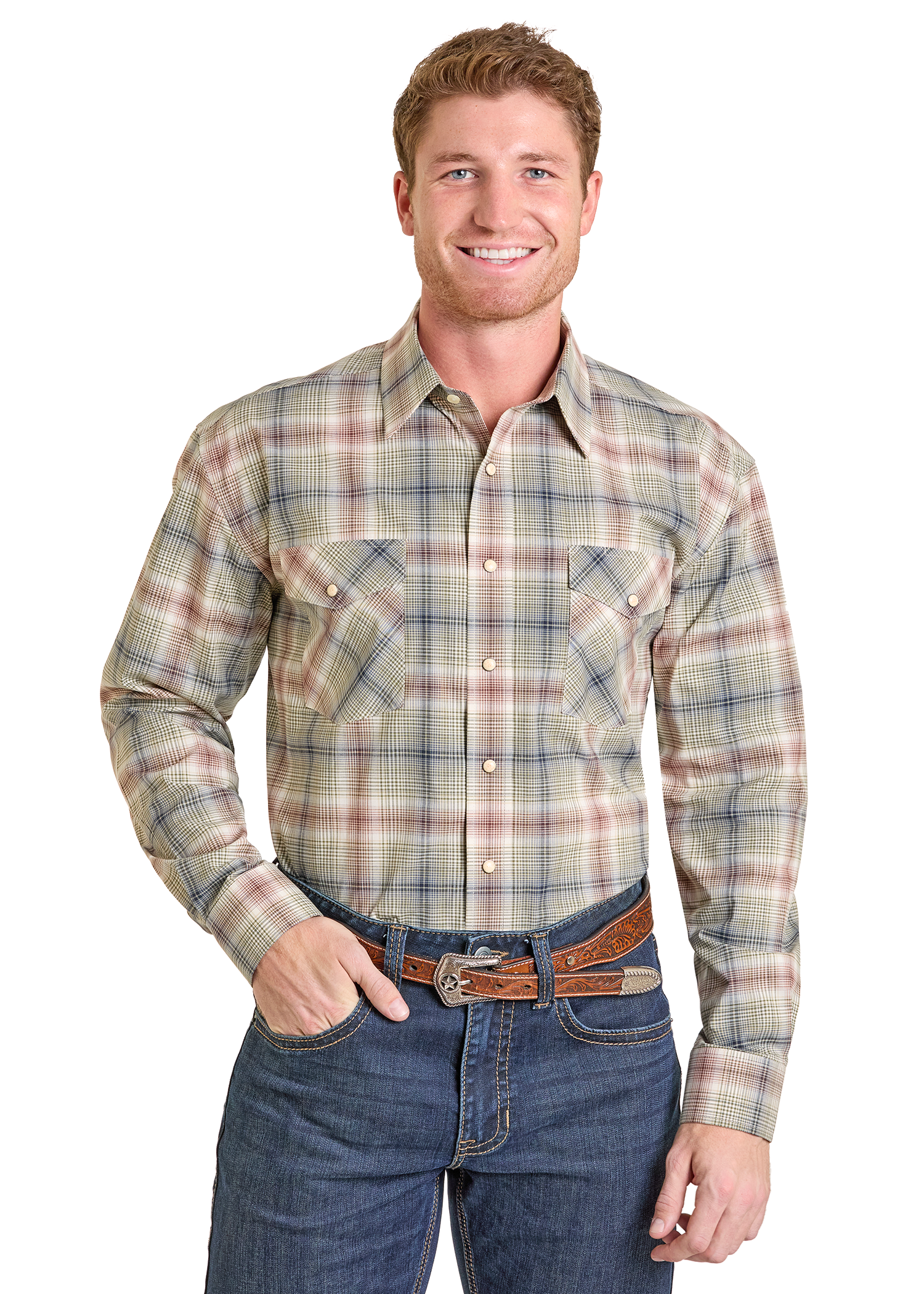 Men's Regular Fit Ombre Plaid Long Sleeve Snap Shirt | Panhandle Slim