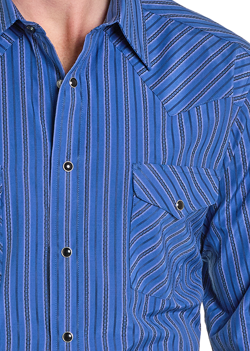 Man wearing a blue striped shirt, black cowboy hat, and jeans on a white background